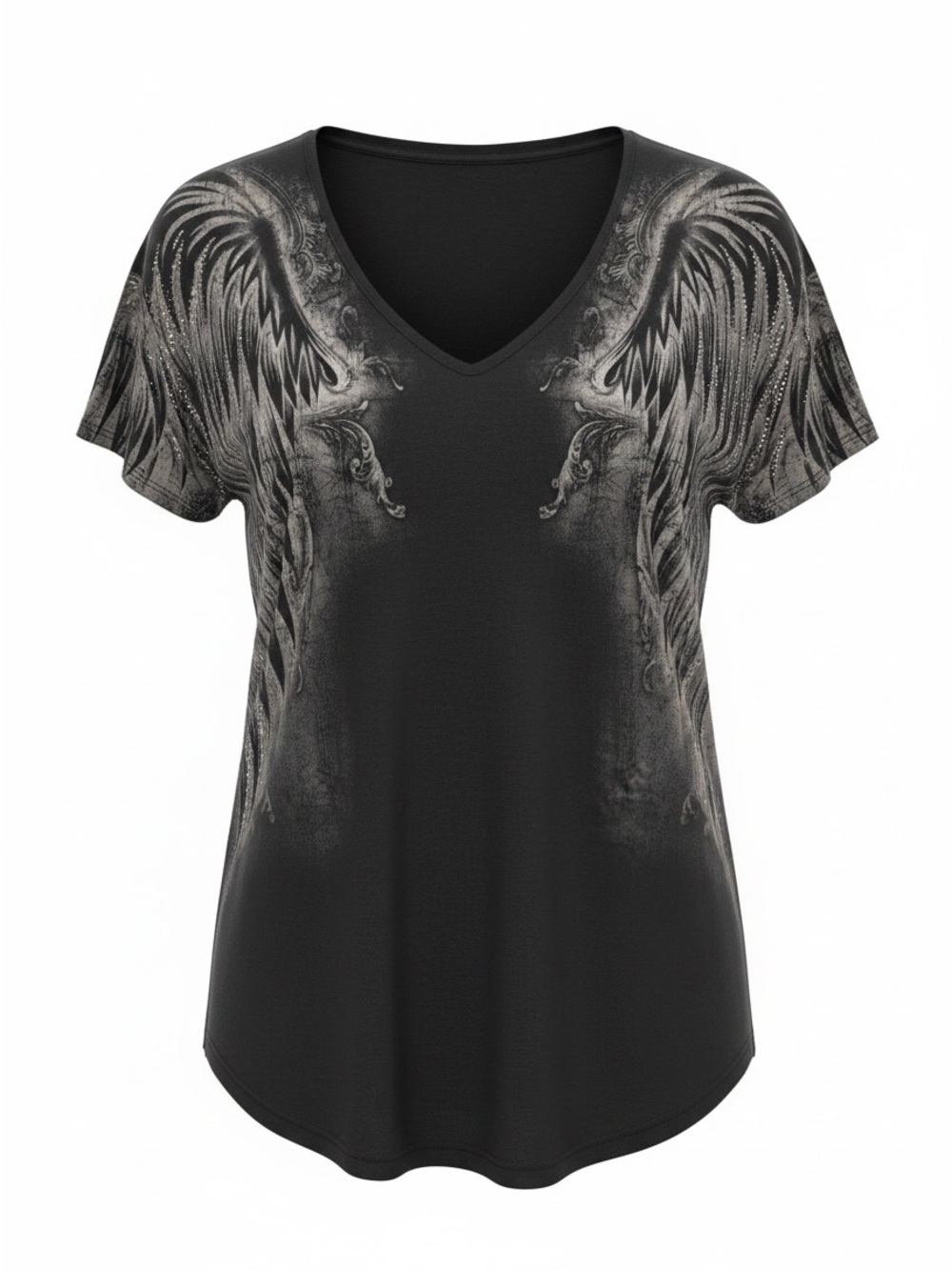 Women's Black V-Neck Tee with Silver Wing Graphic